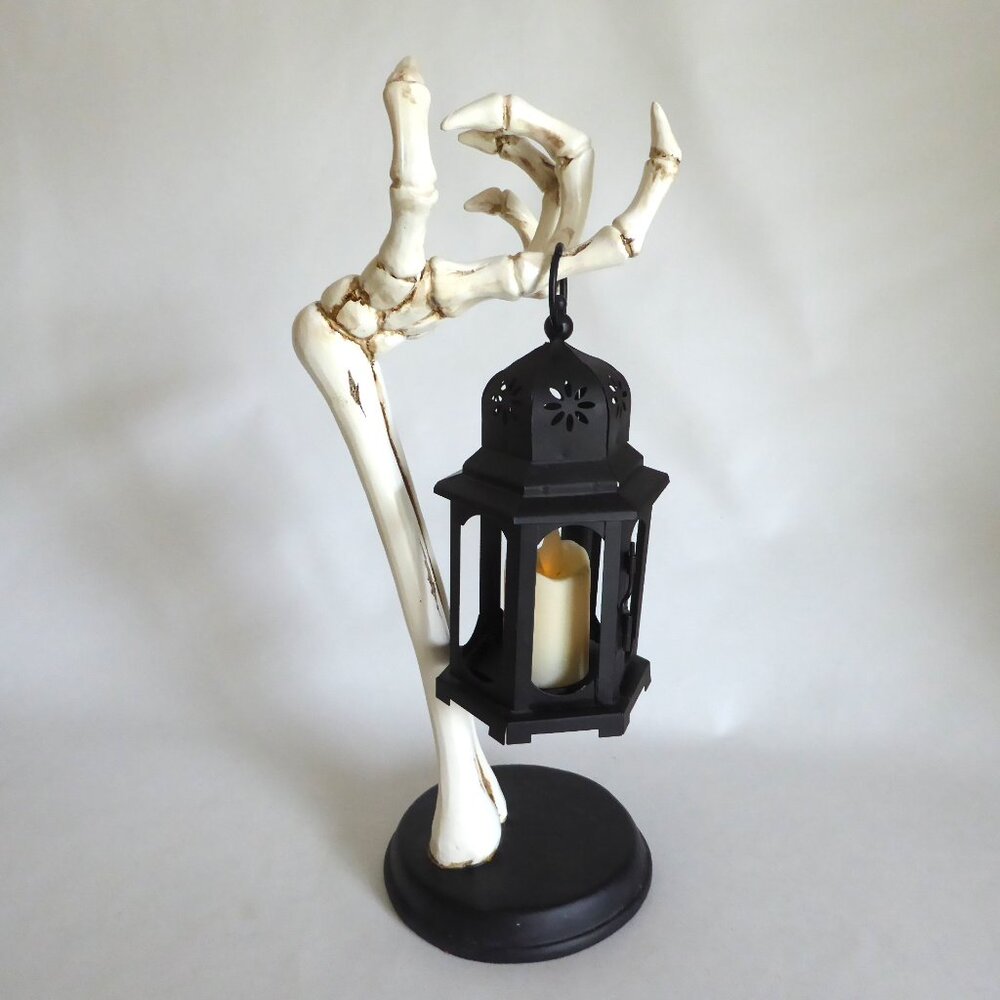 NEW 16” GOTHIC HALLOWEEN SKELETON ARM HOLDING METAL LANTERN CANDLE SCULPTURE - Picture 2 of 14
